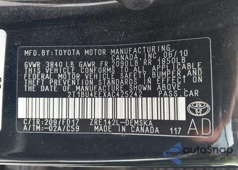 2010 Toyota Corolla S z USA, uszkodzony, nr VIN 2T1BU4EEXAC425242